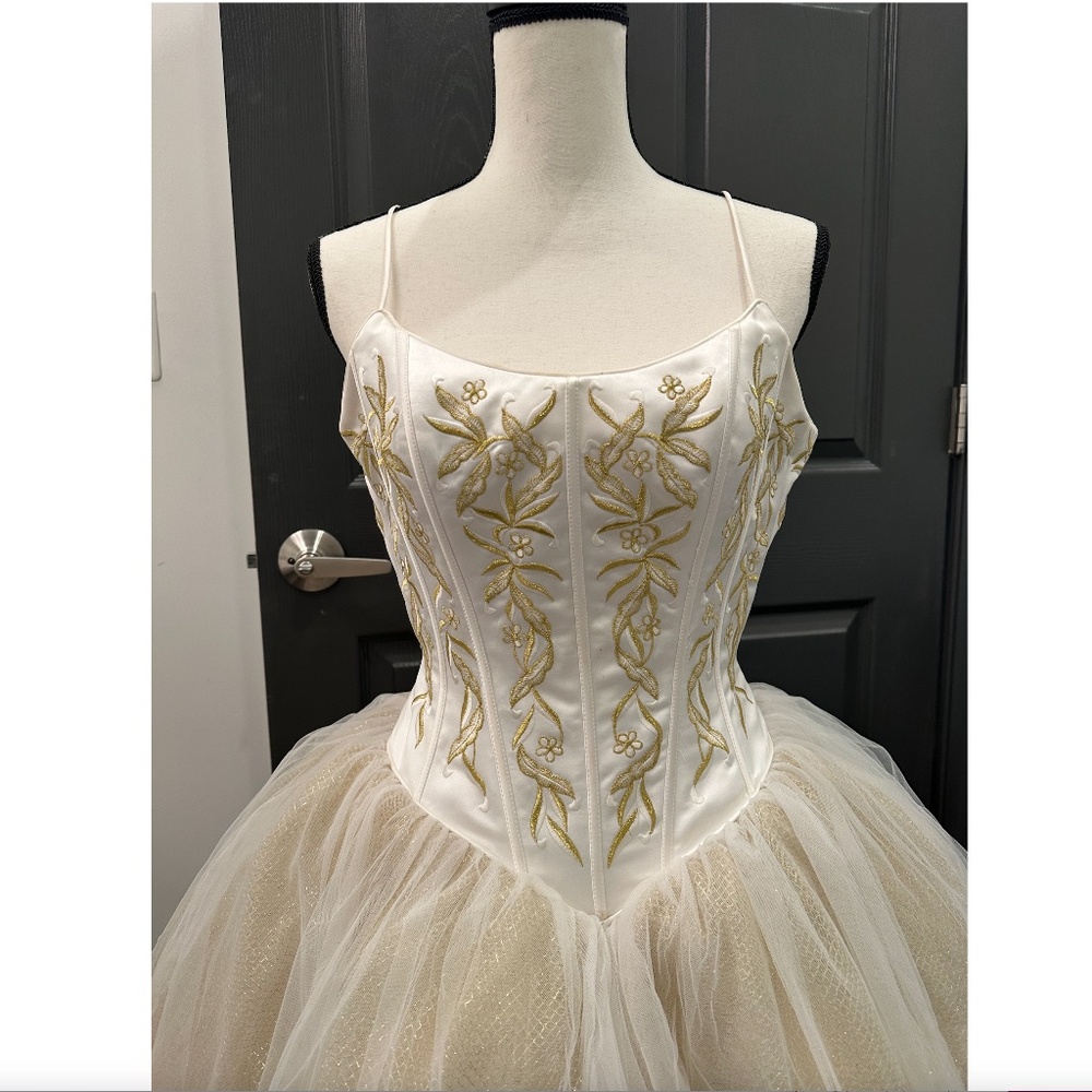 Tiffany Designs White and Gold Prom Dress with Embroidered Bodice